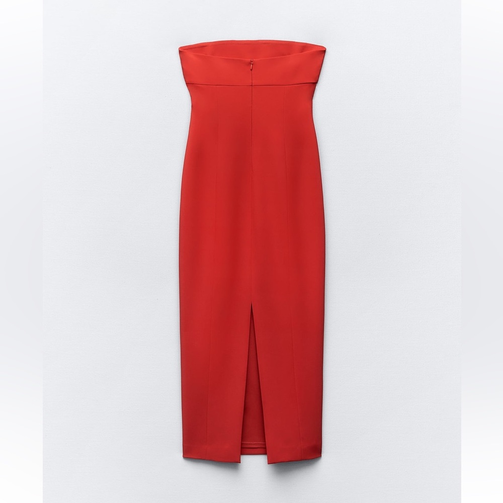 Last one ๐จ Zara Red Fitted Strapless Bodycon Midi Dress stretchy back Slit NWT - Picture 8 of 16